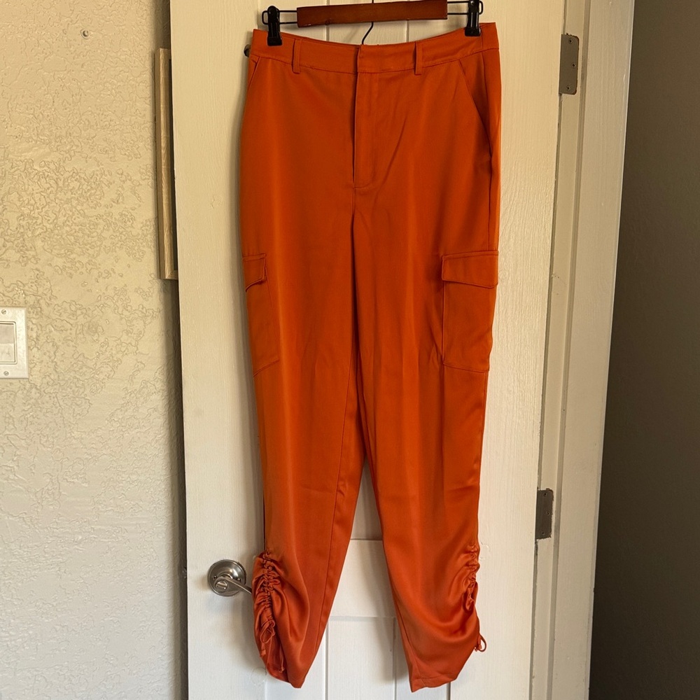 Nicole Miller Vibrant Orange Satin Cargo Pants